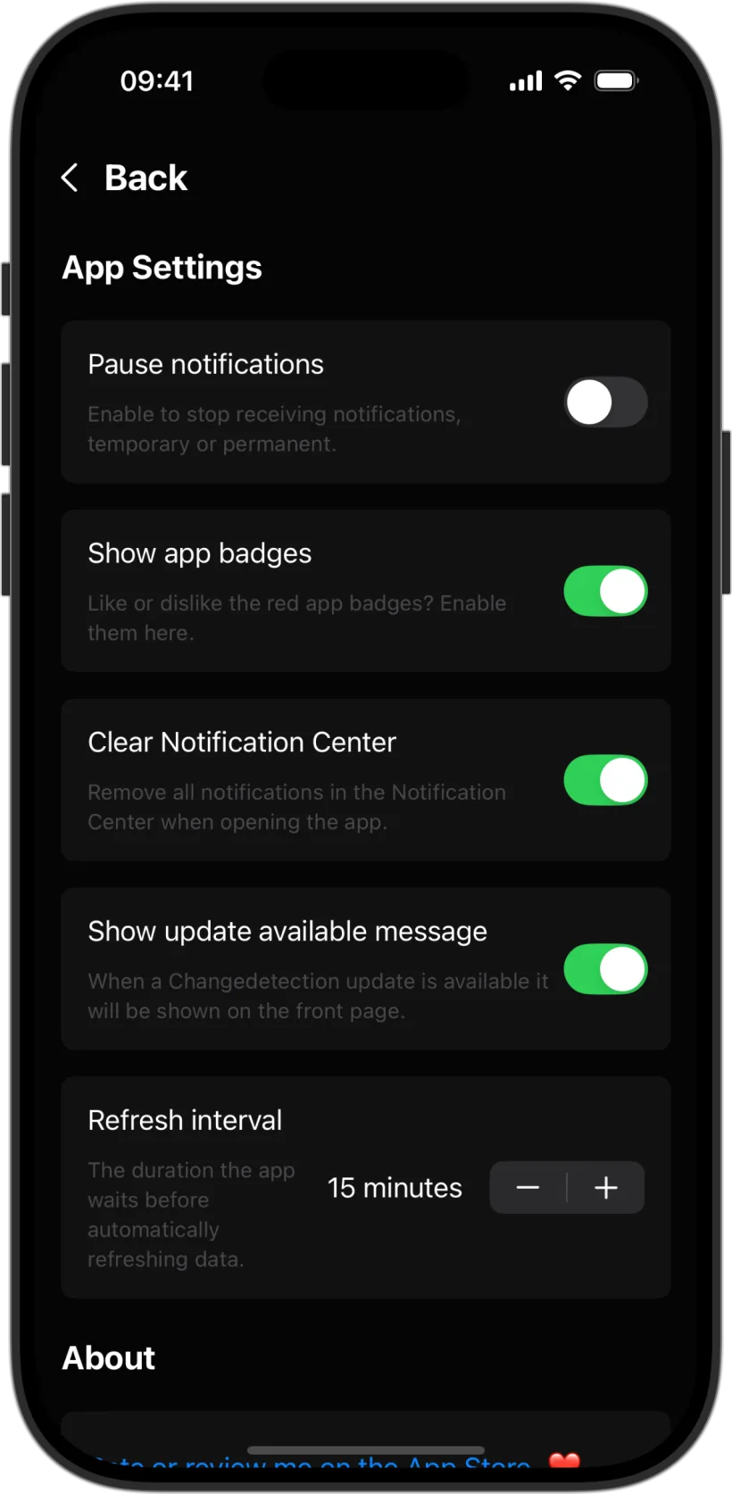 App settings for notifications and automatic refresh