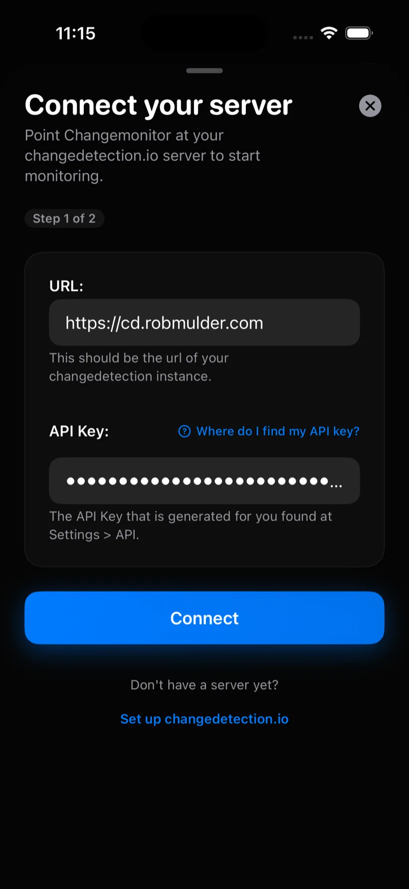 The Changemonitor connect screen: paste your changedetection.io instance URL and API key