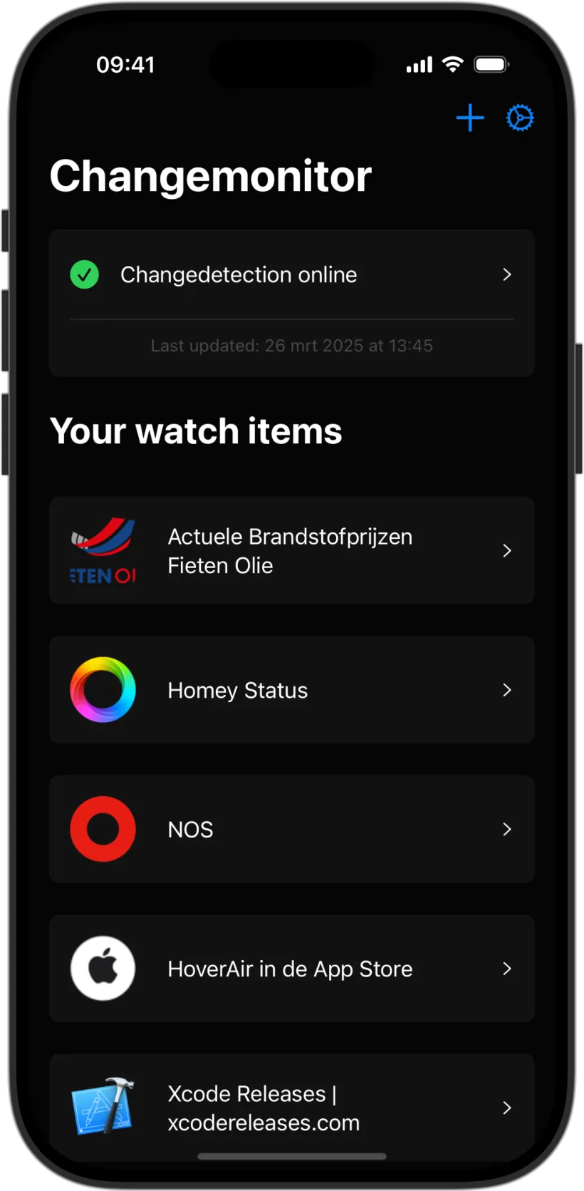 Changemonitor showing a list of monitored websites with their latest changes